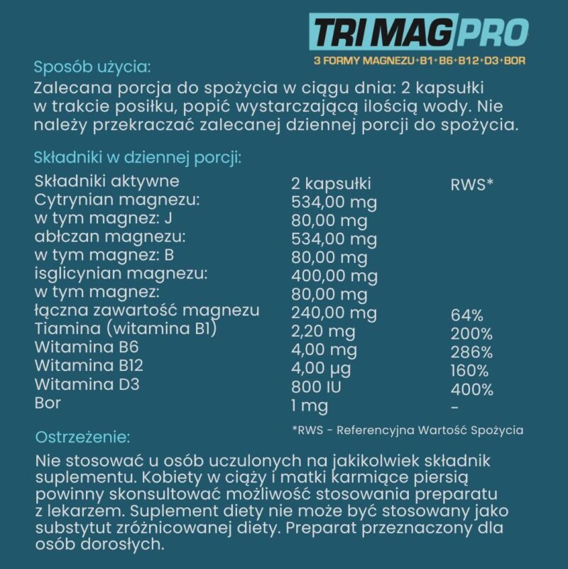 Magnesium - TRI MAG PRO - 3 forms of magnesium, B1, B6, B12, D3, BOR - Image 2