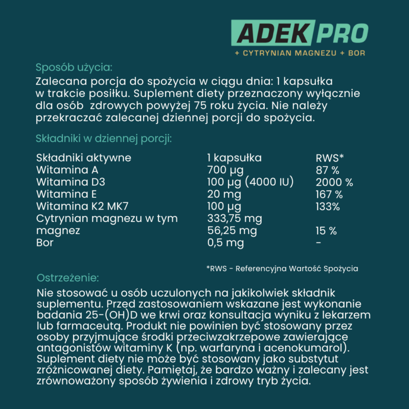 Kompleks witamin - ADEK PRO - witaminy A, D, E i K + cytrynian magnezu i bor - obrazek 2